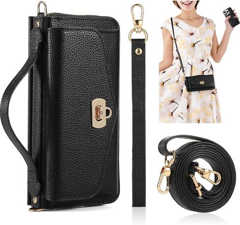 Crossbody Wallet Case for iPhone 15 Pro Max, Magnetic Detachable PU Leather Phone Case with RFID Blocking Card Holder Wristlet Mirror Flip Zipper Shoulder Purse Bag for Women, Black B in Saudi Arabia