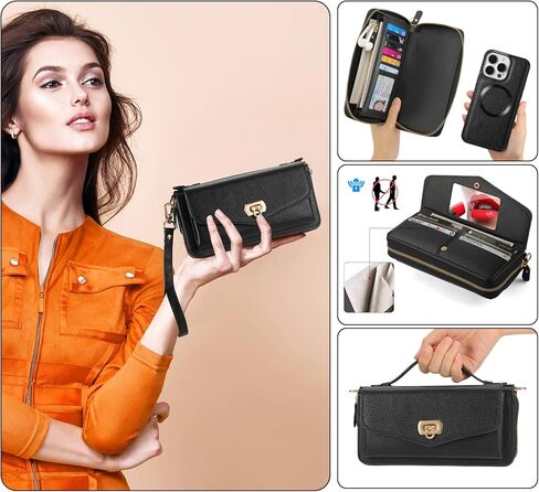 Crossbody Wallet Case for iPhone 15 Pro Max, Magnetic Detachable PU Leather Phone Case with RFID Blocking Card Holder Wristlet Mirror Flip Zipper Shoulder Purse Bag for Women, Black B in Saudi Arabia