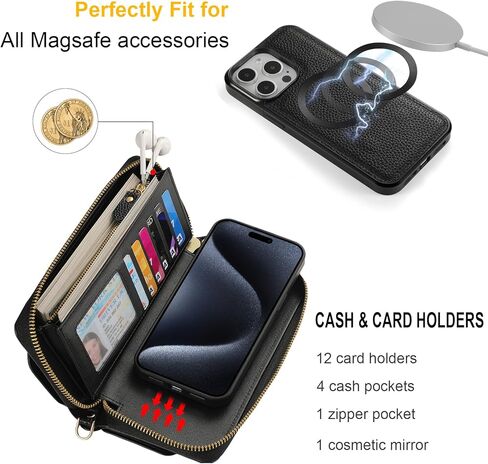 Crossbody Wallet Case for iPhone 15 Pro Max, Magnetic Detachable PU Leather Phone Case with RFID Blocking Card Holder Wristlet Mirror Flip Zipper Shoulder Purse Bag for Women, Black B in Saudi Arabia