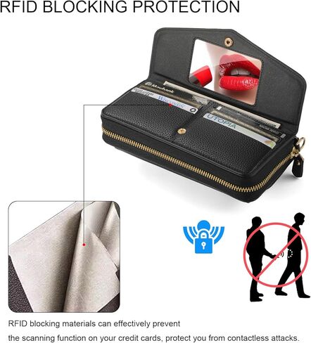 Crossbody Wallet Case for iPhone 15 Pro Max, Magnetic Detachable PU Leather Phone Case with RFID Blocking Card Holder Wristlet Mirror Flip Zipper Shoulder Purse Bag for Women, Black B in Saudi Arabia