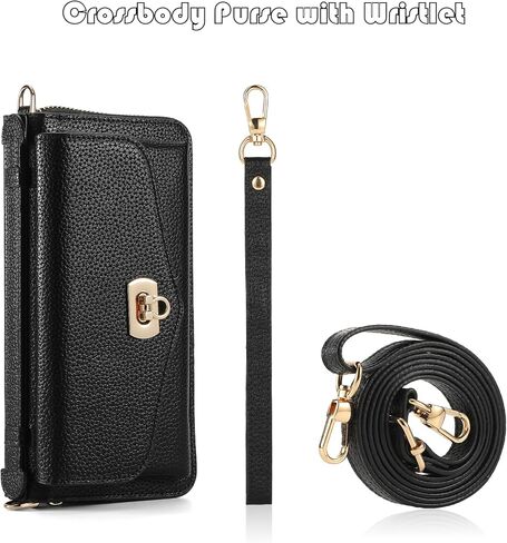 Crossbody Wallet Case for iPhone 15 Pro Max, Magnetic Detachable PU Leather Phone Case with RFID Blocking Card Holder Wristlet Mirror Flip Zipper Shoulder Purse Bag for Women, Black B in Saudi Arabia