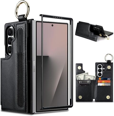 حافظة HianDier لهاتف Galaxy Z Fold 7 مع حامل بطاقة لهاتف Samsung Z Fold 7 حافظة من جلد الليتشي PU مع فتحة قلم S وإطار شاشة حلقة قبضة الإصبع ومشبك مغناطيسي مزدوج وغطاء هاتف مضاد للصدمات - أسود in Saudi Arabia
