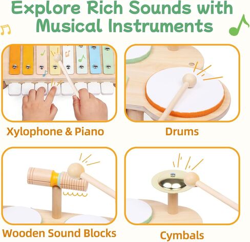 مجموعة طبول للأطفال الصغار - ألعاب مونتيسوري لعمر عامين، أدوات موسيقية خشبية للأطفال الصغار من سن 2 إلى 5 سنوات، ألعاب موسيقية تعليمية لمرحلة ما قبل المدرسة مع إكسيليفون، بيانو، هدايا عيد ميلاد لمدة 18 شهرًا للأولاد والبنات in Kuwait