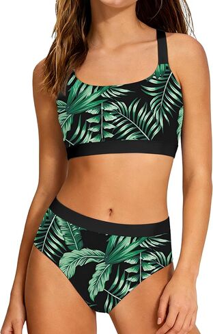 AGAPENG Girls Swimsuit Color Block Bikini Sets Tropical Print Bathing Suit Two Piece Adjustable Straps Sporty Swimwear 9-16Y in Kuwait
