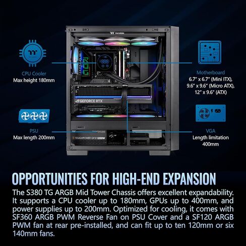ثيرمالتاكي S380 TG ARGB؛ هيكل البرج الأوسط؛ تتضمن مراوح 1x120mm SF120 ARGB و1x360mm SF360 ARGB PWM؛ دعم المبرد 360 مم؛ خلوص وحدة معالجة الرسومات 400 مم؛ دعم الموصل المخفي؛ أسود؛ CA-11K-00M1WN-00 in Saudi Arabia