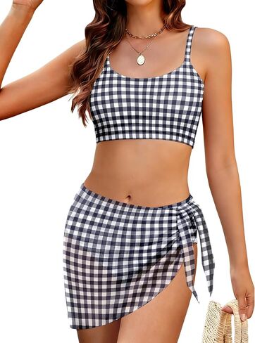 ملابس سباحة للفتيات بخصر عالٍ ومخططة متباينة مكونة من 3 قطع بيكيني مع غطاء للأعمار من 9 إلى 16 عامًا in Kuwait