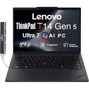 كمبيوتر محمول Lenovo ThinkPad T14 Gen 5 Business مقاس 14.0 بوصة IPS FHD+ (Intel Core Ultra 7 155U، ذاكرة الوصول العشوائي 32 جيجابايت، 1 تيرابايت PCIe SSD، مساعد الطيار، Thunderbolt 4، كاميرا ويب، Win11P) مع Dockztorm Hub in Kuwait
