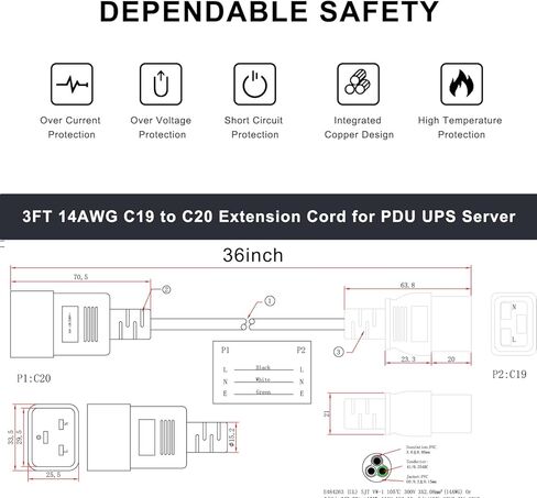 14AWG Heavy Duty C19 to C20 Power Cord - 3FT IEC 320 C19 Female to C20 Male Extension Cable - 15A/250V SJT Server Rack for PDU, UPS, Data Center, Network Equipment - Black in Saudi Arabia