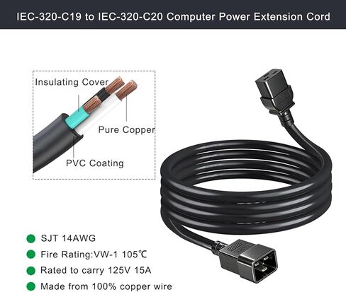 14AWG Heavy Duty C19 to C20 Power Cord - 3FT IEC 320 C19 Female to C20 Male Extension Cable - 15A/250V SJT Server Rack for PDU, UPS, Data Center, Network Equipment - Black in Saudi Arabia