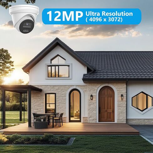 كاميرا مراقبة Real HD 12MP PoE IP Turret Security في الهواء الطلق بزاوية واسعة 113 درجة، IP67، تدعم 512G Micro-SD (غير متضمنة)، التوصيل والتشغيل مع سلسلة K وM 12MP NVR in Kuwait