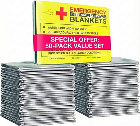 Rawyer (50 Pack) Emergency Thermal Survival Blankets, Mylar Blankets for Outdoor, Camping, Hiking, Survival in Harsh Weather, Large Silver Thermal Sheets, Heavy Duty Survival Gear (50, 84x52) in Kuwait