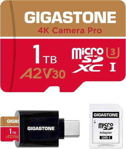 [استعادة بيانات مجانية لمدة 5 سنوات] بطاقة Gigastone 1 تيرابايت Micro SD، كاميرا 4K Pro، R/W تصل إلى 150/130 ميجابايت/ثانية، لـ GoPro، DJI، Drone، تسجيل فيديو 4K UHD، MicroSDXC UHS-I U3 A2 V30، مع محول وقارئ بطاقات USB-C in Kuwait