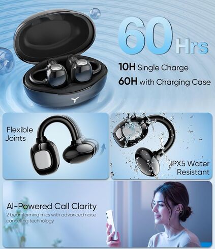 Clip on Earbuds Wireless, Lightweight Open Ear Earbud with Physical Button, Deep Bass Sound Bluetooth 6.0 Headphone Support Dual-Device, 60H Play Time, Ideal for Workout, Running, Subway in Saudi Arabia