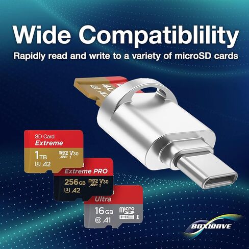 محول BoxWave متوافق مع Flipper Zero - قارئ بطاقات Micro SD الصغير، وقارئ USB من النوع C OTG وسلسلة مفاتيح محول USB3.0 - فضي معدني in Kuwait