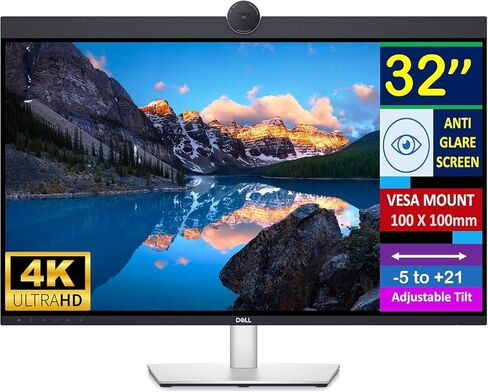 شاشة مؤتمرات الفيديو Dell UltraSharp مقاس 32 بوصة بدقة 4K UHD IPS مع وقت استجابة 5 مللي ثانية، ومكبرات صوت مدمجة، مضادة للتوهج، حامل VESA (100 مم)، منفذ DisplayPort، HDMI، أسود/فضي - in Saudi Arabia
