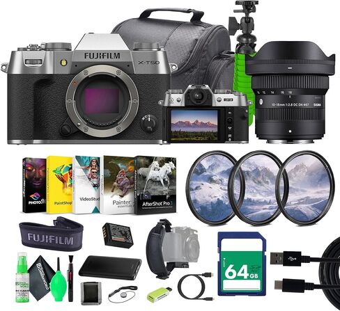 Fujifilm X-T50 Mirrorless Digital Camera Body Bundle + Sigma 10-18mm f/2.8 DC DN Contemporary Lens for Fuji-Film + 64GB Memory Card + Camara Bag + Vlogging Tripod + More (Silver) in Saudi Arabia