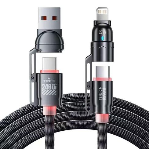 كابل 4 في 1 USB C إلى C بطول 240 وات كابل شاحن USB C ملفوف بطول 5 أقدام للسيارة من النوع C كابل شحن سريع لهاتف iPhone 17/16/15/Plus/Pro/Pro Max/Samsung Galaxy S23 in Saudi Arabia