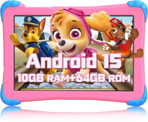 تابلت للأطفال 10 بوصة، تابلت Android 15 للأطفال، ذاكرة وصول عشوائي 10 جيجابايت وذاكرة وصول عشوائي 64 جيجابايت، ثماني النواة، 6000 مللي أمبير، محتوى خالي من الإعلانات، شاشة IPS كبيرة عالية الدقة، واي فاي 6، كاميرا مزدوجة، بلوتوث 5.0 (وردي) in Kuwait