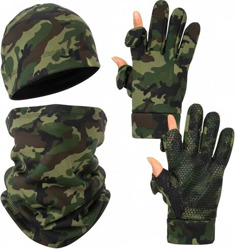 3 Pcs Camouflage Beanie Gloves and Scarf Set Include Beanie Neck Gaiter and 1 Pair Full Finger Hunting Gloves for Men Winter Archery Hunting Accessories Outdoors in Saudi Arabia