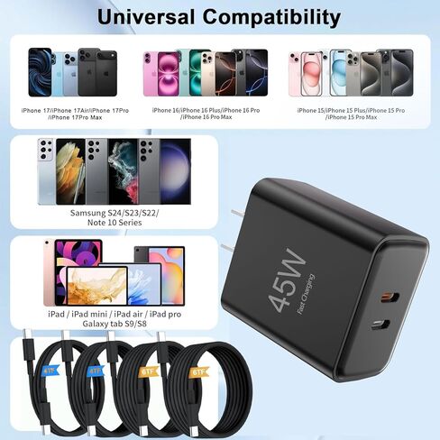 2-Pack 45W Dual-Port Fast Charger, Includes 4FT and 6FT USB-C to USB-C Fast Charging Cables, Super Fast Charging Type-C Charger, Compatible with iPhone 16/15 Pro Max, iPad, Samsung Galaxy in Kuwait