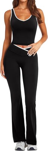 RXRXCOCO Women's Workout Sets 2 Piece Flare Leggings Scrunch Butt Lifting Crop Tank Top Matching Colorblock Gym Yoga Outfits in Saudi Arabia