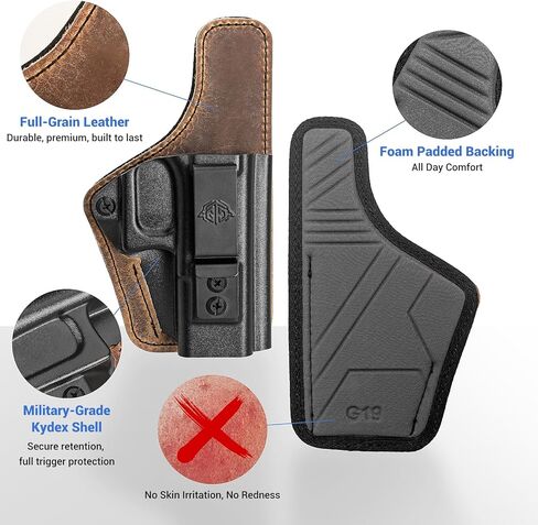 حافظة IWB مريحة طوال اليوم لـ Glock 19/19X - احتفاظ قابل للتعديل، جاهز للبصريات، كيديكس والجلد الهجين، يقلل من تهيج الجلد، مثالي لإنفاذ القانون وعشاق EDC in Kuwait