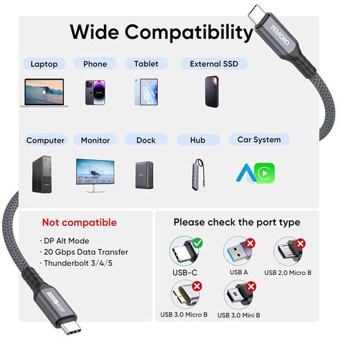 USB C to USB C Data Cable 1.5ft Short, USB 3.2 Gen 2 10Gbps High Speed Data Transfer & 65W Charging USB-C to Type-C Cord for iPhone 15/16/17 Pro Max Galaxy S23/S24/S25 Ultra External SSD to Laptop in Saudi Arabia