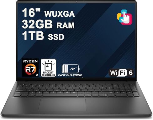 كمبيوتر محمول Dell 16 بشاشة لمس WUXGA مقاس 16 بوصة AMD 8-core Ryzen 7 250 (Beats i7-1355U) 64 جيجابايت DDR5 2 تيرابايت SSD بإضاءة خلفية ExpressCharge Wi-Fi6 لـ Creator Designer Business Professional Win11Pro in Kuwait