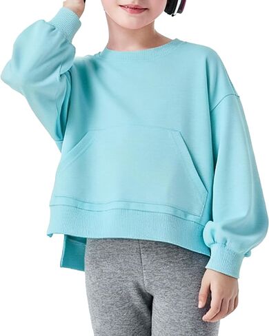 سويت شيرت بناتي بلوفر علوي كبير الحجم برقبة دائرية وقمصان كاجوال بأكمام طويلة مع جيب كانجارو، 5-14 سنة in Kuwait