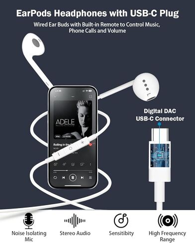 سماعات رأس USB C، قطعتان، سماعات أذن سلكية مع ميكروفون، تحكم في مستوى الصوت وإلغاء الضوضاء، سماعة داخل الأذن من النوع C لهواتف iPhone 17 16 15 Pro Max، وSamsung Galaxy S25، وiPad، وLaptop Pixel، وجميع أجهزة USB-C in Kuwait