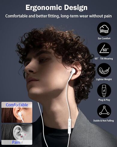 سماعات رأس USB C، قطعتان، سماعات أذن سلكية مع ميكروفون، تحكم في مستوى الصوت وإلغاء الضوضاء، سماعة داخل الأذن من النوع C لهواتف iPhone 17 16 15 Pro Max، وSamsung Galaxy S25، وiPad، وLaptop Pixel، وجميع أجهزة USB-C in Kuwait