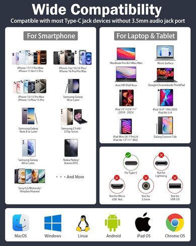 سماعات رأس USB C، قطعتان، سماعات أذن سلكية مع ميكروفون، تحكم في مستوى الصوت وإلغاء الضوضاء، سماعة داخل الأذن من النوع C لهواتف iPhone 17 16 15 Pro Max، وSamsung Galaxy S25، وiPad، وLaptop Pixel، وجميع أجهزة USB-C in Kuwait