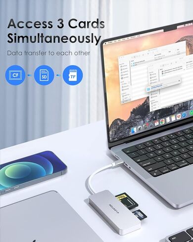 USB C to CF/SD/Micro SD Multi-Card Reader, SD 3.0 Card Adapter Compatible 2025-2016 for MacBook Pro 13/15/16, 2025-2018 Mac Air/iPad Pro/Surface, Iphone15, More (CB-C12, Silver) in Saudi Arabia