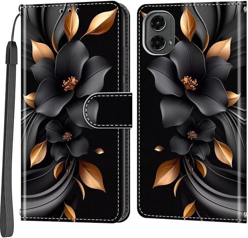 محفظة حافظة لهاتف Motorola Moto G 5G 2024، [مسند] حامل 3 بطاقات [غلاف داخلي من مادة TPU مقاوم للصدمات]، غطاء قلاب واقٍ مغناطيسي من جلد البولي يوريثان مقاس 6.6 بوصة، زهرة سوداء in Kuwait
