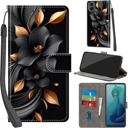 محفظة حافظة لهاتف Motorola Moto G 5G 2024، [مسند] حامل 3 بطاقات [غلاف داخلي من مادة TPU مقاوم للصدمات]، غطاء قلاب واقٍ مغناطيسي من جلد البولي يوريثان مقاس 6.6 بوصة، زهرة سوداء in Kuwait