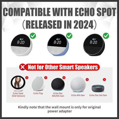 حامل تثبيت على الحائط متوافق مع Echo Spot 2024، حامل منفذ مع إدارة كابلات مخفية، رف موفر للمساحة لغرفة النوم، المطبخ، غرفة المعيشة، تركيب بدون حفر (أسود) in Kuwait
