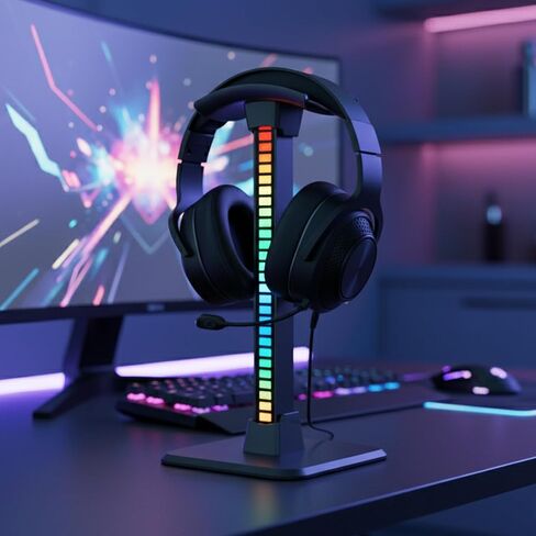 RGB Headphone Stand with Ambient Pickup Light, Gaming Headset Holder with 18 Lighting Modes & 2 Dynamic Effects, Plug-in RGB Sound Reactive Desk Headphone Display Stand, White in Saudi Arabia
