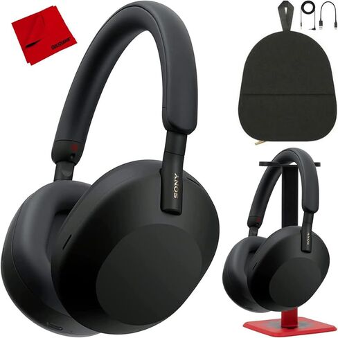 Sony WH-1000XM5 Wireless Industry Leading Noise Canceling Headphones, Black Bundle with Deco Gear Wood Headphone Display Stand and Protective Travel Carry Case in Saudi Arabia