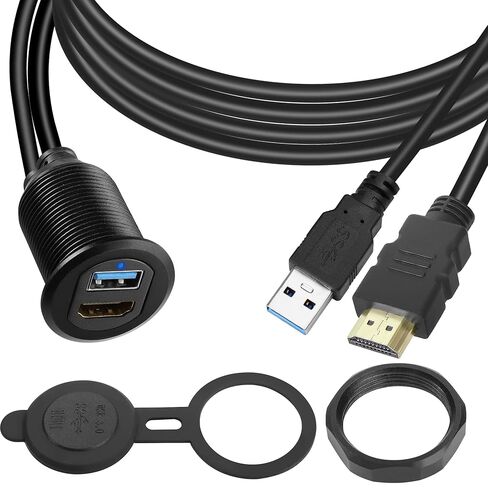 QIANRENON USB3.0 وHDMI كابل مقاوم للماء للسيارة USB3.0+HDMI 1.4 كابل تمديد بيانات ثابت ملولب، ضوء LED، غطاء من الألومنيوم، للوحة القيادة والقارب والدراجة النارية، 2 متر/6.5 قدم in Kuwait