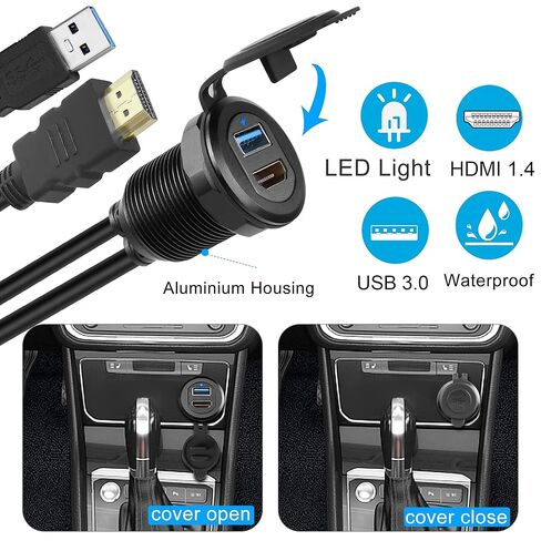 QIANRENON USB3.0 وHDMI كابل مقاوم للماء للسيارة USB3.0+HDMI 1.4 كابل تمديد بيانات ثابت ملولب، ضوء LED، غطاء من الألومنيوم، للوحة القيادة والقارب والدراجة النارية، 2 متر/6.5 قدم in Kuwait