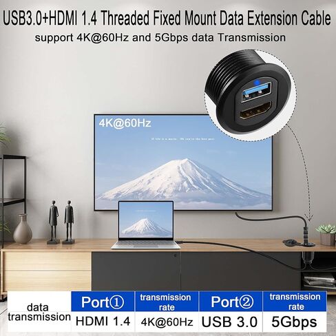 QIANRENON USB3.0 وHDMI كابل مقاوم للماء للسيارة USB3.0+HDMI 1.4 كابل تمديد بيانات ثابت ملولب، ضوء LED، غطاء من الألومنيوم، للوحة القيادة والقارب والدراجة النارية، 2 متر/6.5 قدم in Kuwait