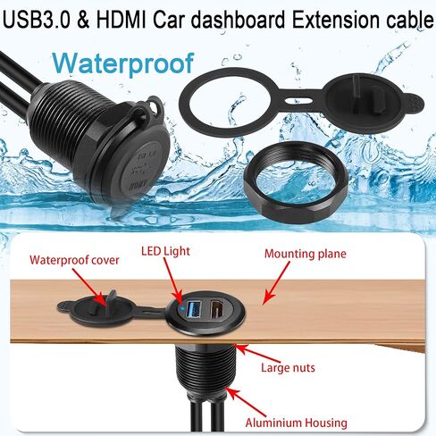 QIANRENON USB3.0 وHDMI كابل مقاوم للماء للسيارة USB3.0+HDMI 1.4 كابل تمديد بيانات ثابت ملولب، ضوء LED، غطاء من الألومنيوم، للوحة القيادة والقارب والدراجة النارية، 2 متر/6.5 قدم in Kuwait