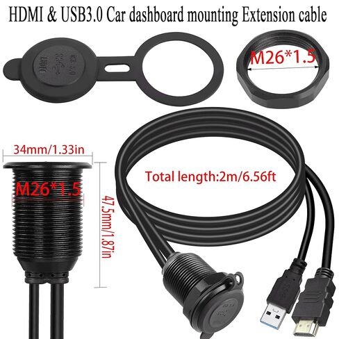 QIANRENON USB3.0 وHDMI كابل مقاوم للماء للسيارة USB3.0+HDMI 1.4 كابل تمديد بيانات ثابت ملولب، ضوء LED، غطاء من الألومنيوم، للوحة القيادة والقارب والدراجة النارية، 2 متر/6.5 قدم in Kuwait