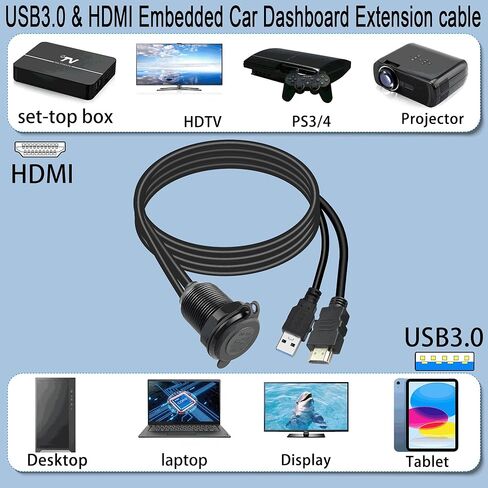 QIANRENON USB3.0 وHDMI كابل مقاوم للماء للسيارة USB3.0+HDMI 1.4 كابل تمديد بيانات ثابت ملولب، ضوء LED، غطاء من الألومنيوم، للوحة القيادة والقارب والدراجة النارية، 2 متر/6.5 قدم in Kuwait