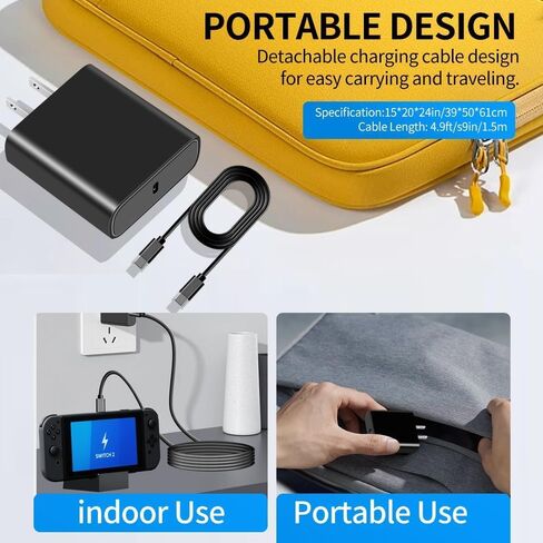شاحن سريع لجهاز نينتندو سويتش 2/1/OLED/Lite & Steam Deck، محول تيار متردد بديل 60 وات PD 3.0، محول تيار متردد 20 فولت 3.25 أمبير قابل للطي مع كابل USB C بطول 5 أقدام in Kuwait