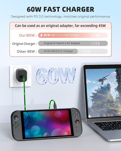شاحن سريع لجهاز نينتندو سويتش 2/1/OLED/Lite & Steam Deck، محول تيار متردد بديل 60 وات PD 3.0، محول تيار متردد 20 فولت 3.25 أمبير قابل للطي مع كابل USB C بطول 5 أقدام in Kuwait