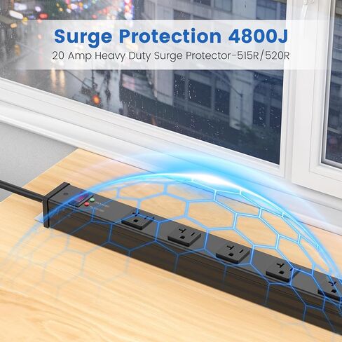 JUNNUJ Long 16 Outlet Power Strip Surge Protection 4800J, Wide Spaced Industrial Heavy Duty Outlets with 20Amp Switch, High Amp Extension Cord 6-20R T-Slot 6FT Black in Kuwait