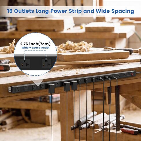 JUNNUJ Long 16 Outlet Power Strip Surge Protection 4800J, Wide Spaced Industrial Heavy Duty Outlets with 20Amp Switch, High Amp Extension Cord 6-20R T-Slot 6FT Black in Kuwait