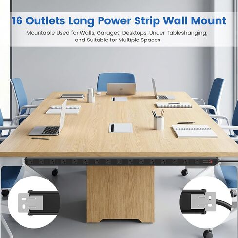 JUNNUJ Long 16 Outlet Power Strip Surge Protection 4800J, Wide Spaced Industrial Heavy Duty Outlets with 20Amp Switch, High Amp Extension Cord 6-20R T-Slot 6FT Black in Kuwait