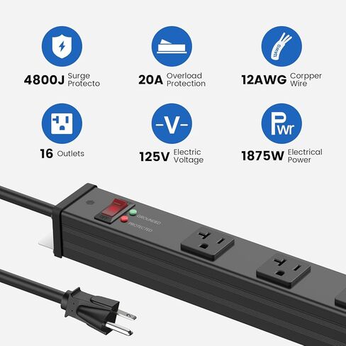 JUNNUJ Long 16 Outlet Power Strip Surge Protection 4800J, Wide Spaced Industrial Heavy Duty Outlets with 20Amp Switch, High Amp Extension Cord 6-20R T-Slot 6FT Black in Kuwait